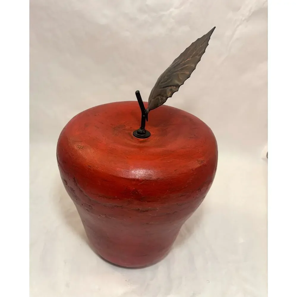Large Red Wood Apple Hand turned Sculpture w/ Iron Leaf Distressed Finish